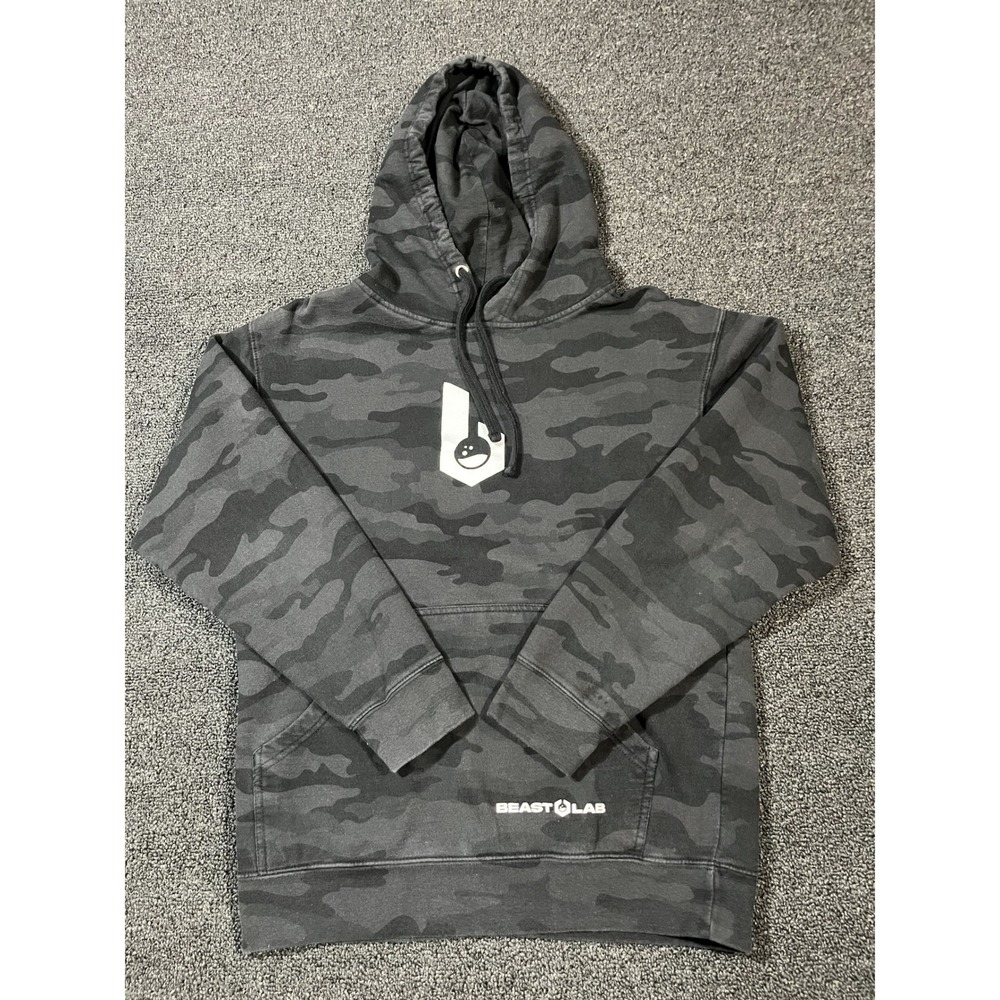 BEAST LAB Camo Hoodie Black Grey Logo Print Hooded Sweatshirt Mens Medium